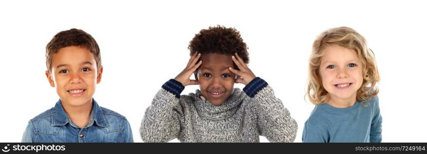 Three small children covering their mouths isolated on a white background