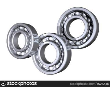 Three solid reflective metal ball bearings on white background. Three ball bearings