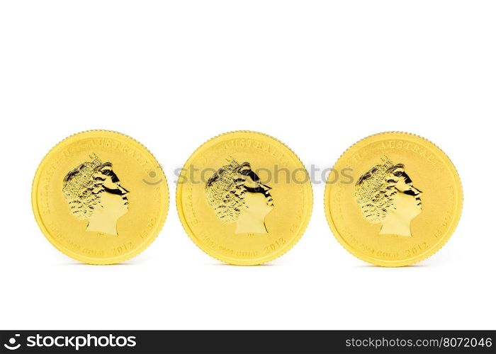 Three standing dollar gold coins isolated on white background