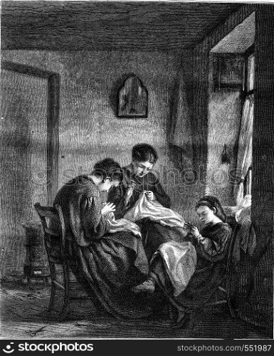 Three stitchers, by Edouard Frere, vintage engraved illustration. Magasin Pittoresque 1869.