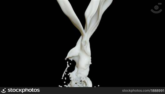 Three streams of milk collide on a black background.. Three streams of milk collide on a black.
