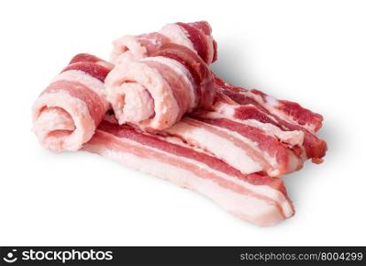 Three strips of bacon rolls isolated on white background