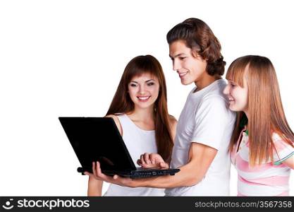 three students smile, lough and talk; a guy with laptop in his hand; on white background