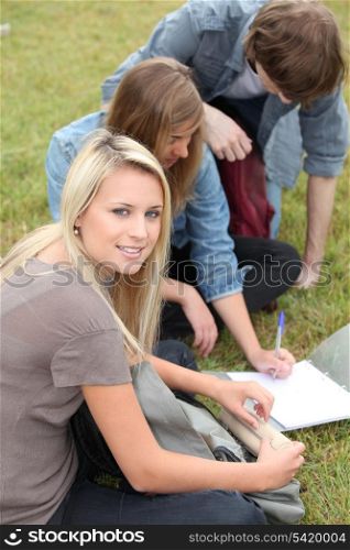 Three students studying in the park