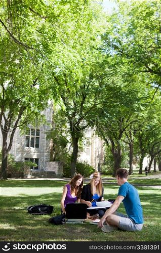 Three students with books and a computer, studying outdoors