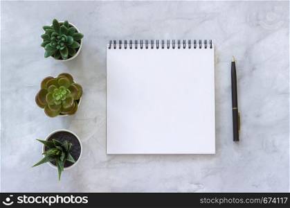 Three succulents and white open blank notebook, pen on marble table background. Top view Mock up Flat lay Template for your text, design.. Three succulents and white open blank notebook, pen on marble table background. Top view Mock up Flat lay Template for your text, design