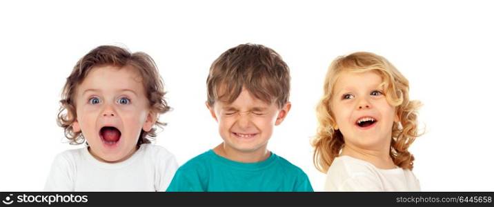 Three surprising children isolated on a white background