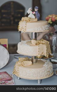 Three-tiered cake for the wedding.. Wedding cake on the table 6573.