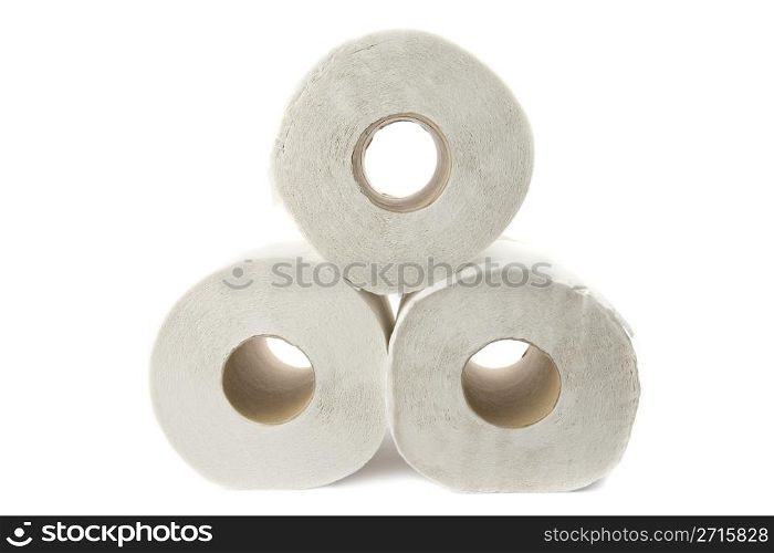 Three toilet paper rolls on a white background