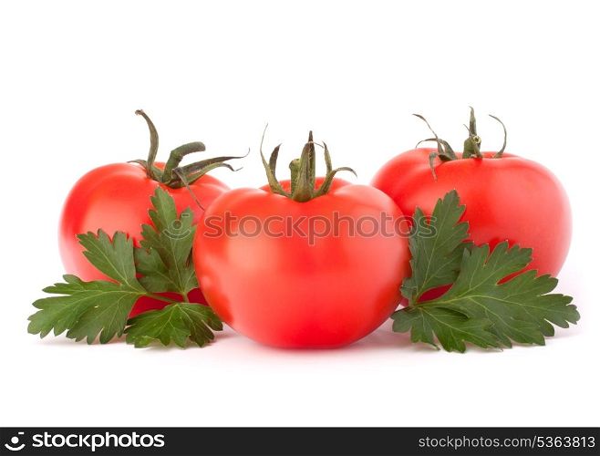 Three tomato vegetables and parsley leaves still life isolated on white background cutout