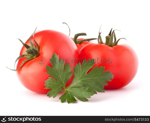 Three tomato vegetables and parsley leaves still life isolated on white background cutout