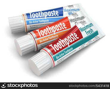 Three toothpaste containers on white isolated background. 3d