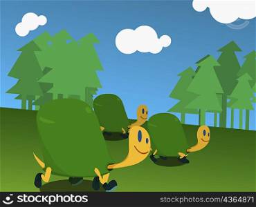 Three tortoises running in a field