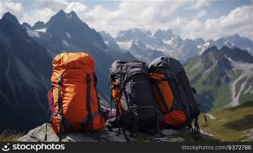 Three tourist backpacks on snowy mountain peaks background, outdoor activities. Vacation, travel, active leisure, extreme sport. AI generated.. Tourist backpack isolate, mountain peaks background, outdoor activities. AI generated.