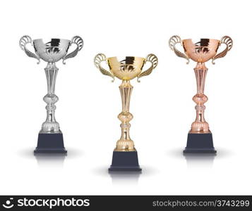 Three trophies, gold, silver and bronze. Isolated on white background
