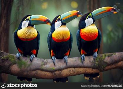 three tucan birds perched on tree branch, with their vibrant feathers in full view, created with generative ai. three tucan birds perched on tree branch, with their vibrant feathers in full view