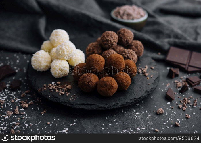 three types of chocolate balls on stone board