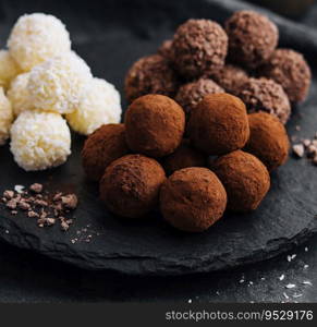 three types of chocolate balls on stone board