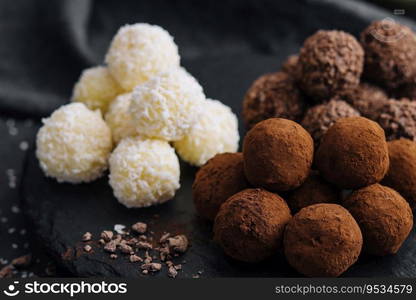 three types of chocolate balls on stone board