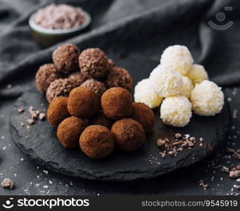 three types of chocolate balls on stone board