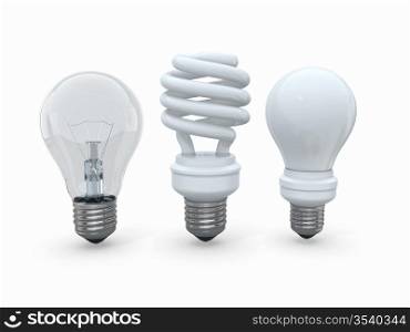 Three types of lamp bulbs on white background. 3d