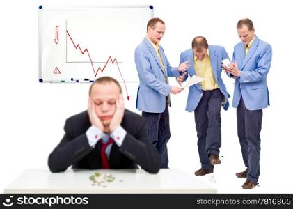Three unhappy employees, angry at their indecicive boss, in front of a whiteboard showing a negative graph, representing the state of a business in financial crisis