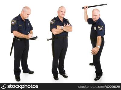 Three views of handsome middle-aged police officer. Full body isolated on white.