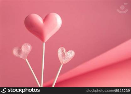 three viva magenta Valentine’s day heart shape lollipop candy on empty pastel pink background. Love Concept. Minimalism colorful style. with copy space. three Pink Valentine’s day heart shape lollipop candy on empty pastel paper background. Love Concept