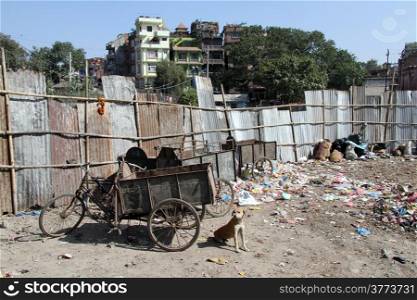 Three-wheeled bicycle and garbage in Khatmandu, Nepal