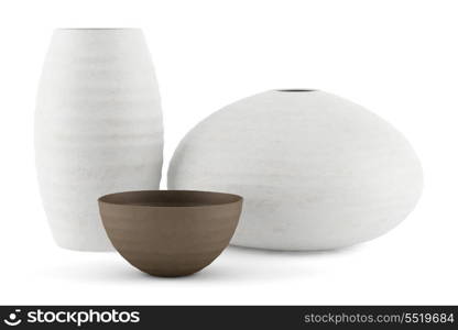 three white and brown ceramic vases isolated on white background