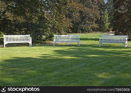Three white benches in a public park
