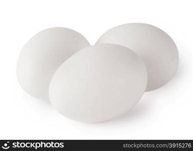 Three white chicken eggs isolated on white background. Three white chicken eggs