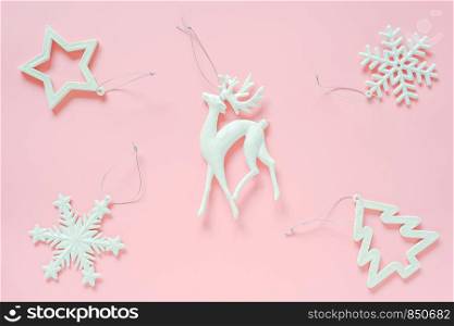 Three white christmas decoration tree toy on pink background copy space. Concept Merry christmas or Happy new year. Minimal style Top view Flat lay Template for design, card, invitation.. Three white christmas decoration tree toy on pink background copy space. Concept Merry christmas or Happy new year. Minimal style Top view Flat lay Template for design, card, invitation