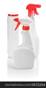 three white cleaner bottle with colored cover