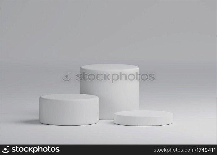 Three white cylinder product stage podium background. Minimal fashion theme. Geometry concept. Exhibition and business marketing presentation stage. 3D illustration rendering graphic design