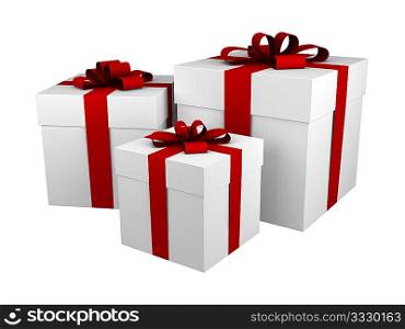 three white gift boxes with red ribbon and bow isolated on white