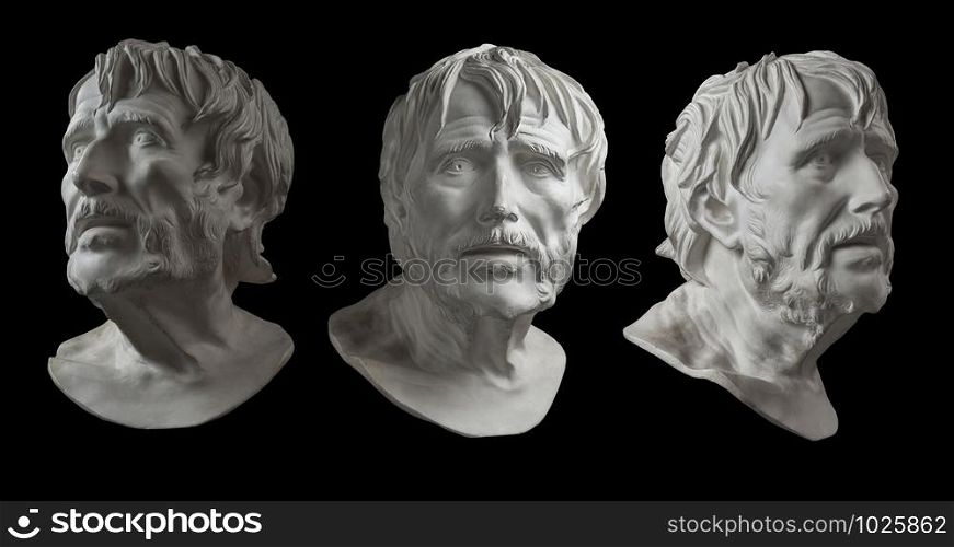 Three white gypsum copy of ancient statue head of Lucius Seneca for artists isolated on a black background. Seneca 4 BC-65 AD Roman stoic philosopher, statesman and tutor to the future Emperor Nero.. Three gypsum copy of ancient statue head of Lucius Seneca isolated on black background. Plaster sculpture aged man face.