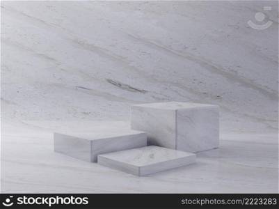 Three white marble cubes brick podium background. Abstract and object for product and fashion beauty advertising concept. 3D illustration rendering