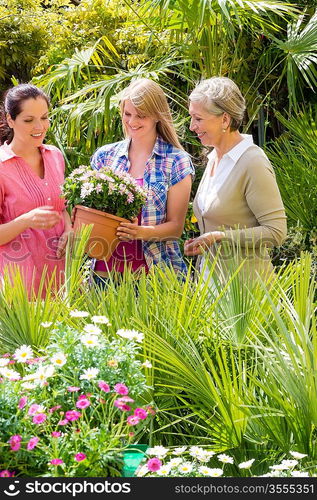 Three woman shopping potted flowers at garden centre green house