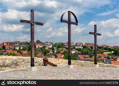 Three wooden crosses on top of Szep bastion Eger Castle Hungary. Wooden crosses on top of Szep bastion Eger Castle Hungary
