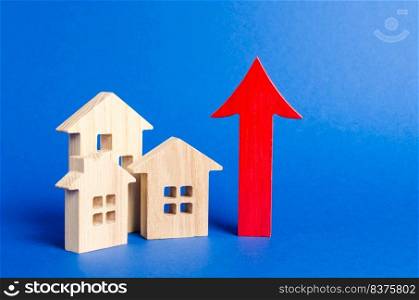 three wooden houses and red up arrow. Real estate value increase. High rates of construction, high liquidity. Supply and demand. prices for housing, building maintenance. limit on high-rise buildings