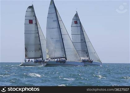 Three yachts compete in team sailing event California