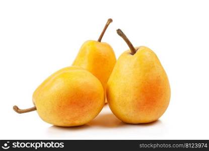 Three yellow ripe pears on white background isolated. Dessert for cooking slice and confectionery. Sweet food, vegetarian. Farm and garden ingredient for market.. Three yellow fresh ripe pears isolated on white background