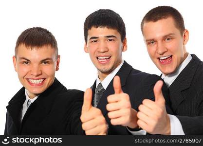 Three young businessmen show gesture ok
