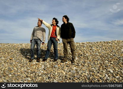 three young casual men at the beach