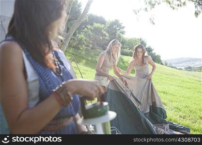 Three young female friends preparing tent for camping