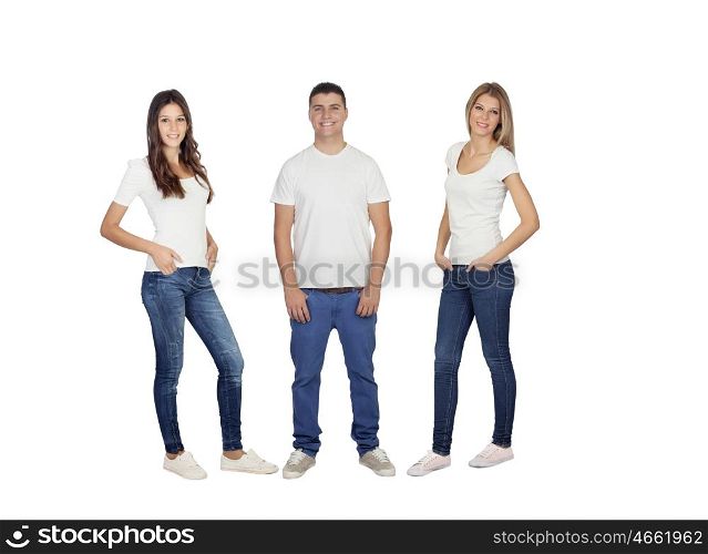 Three young friends with jeans and white t-shirt isolated