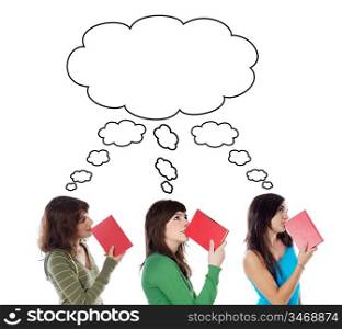 Three young girls thinking with books isolated over white