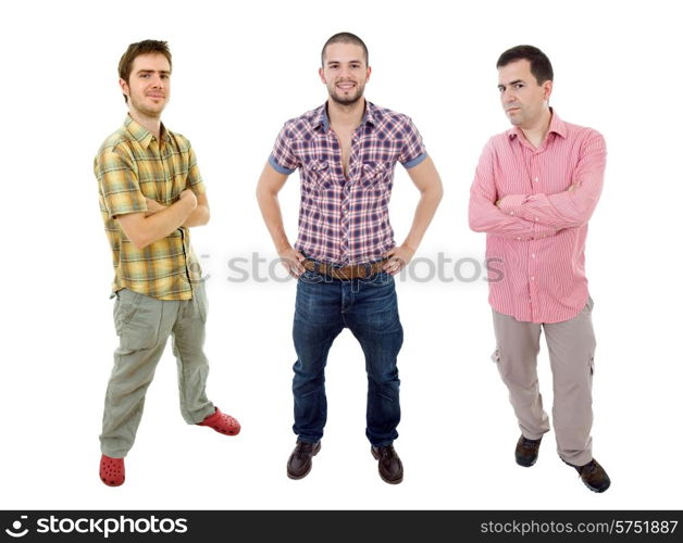 three young man full length, isolated on white