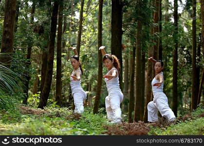 Three young women practising Kungfu